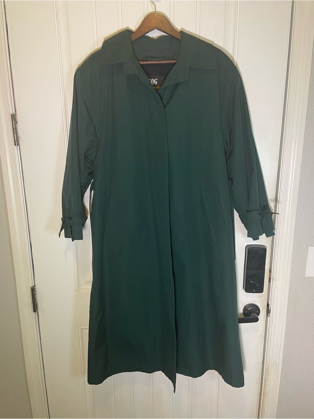 London Fog Dark Green Long Trench Coat with Tie Cuffs